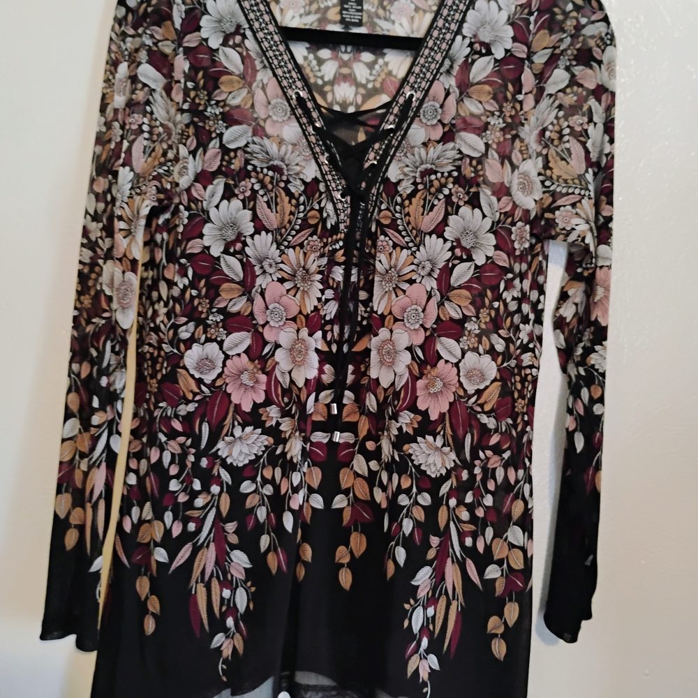 #5 INC International Concepts Black Pink Long Sleeve Graphic Blouse